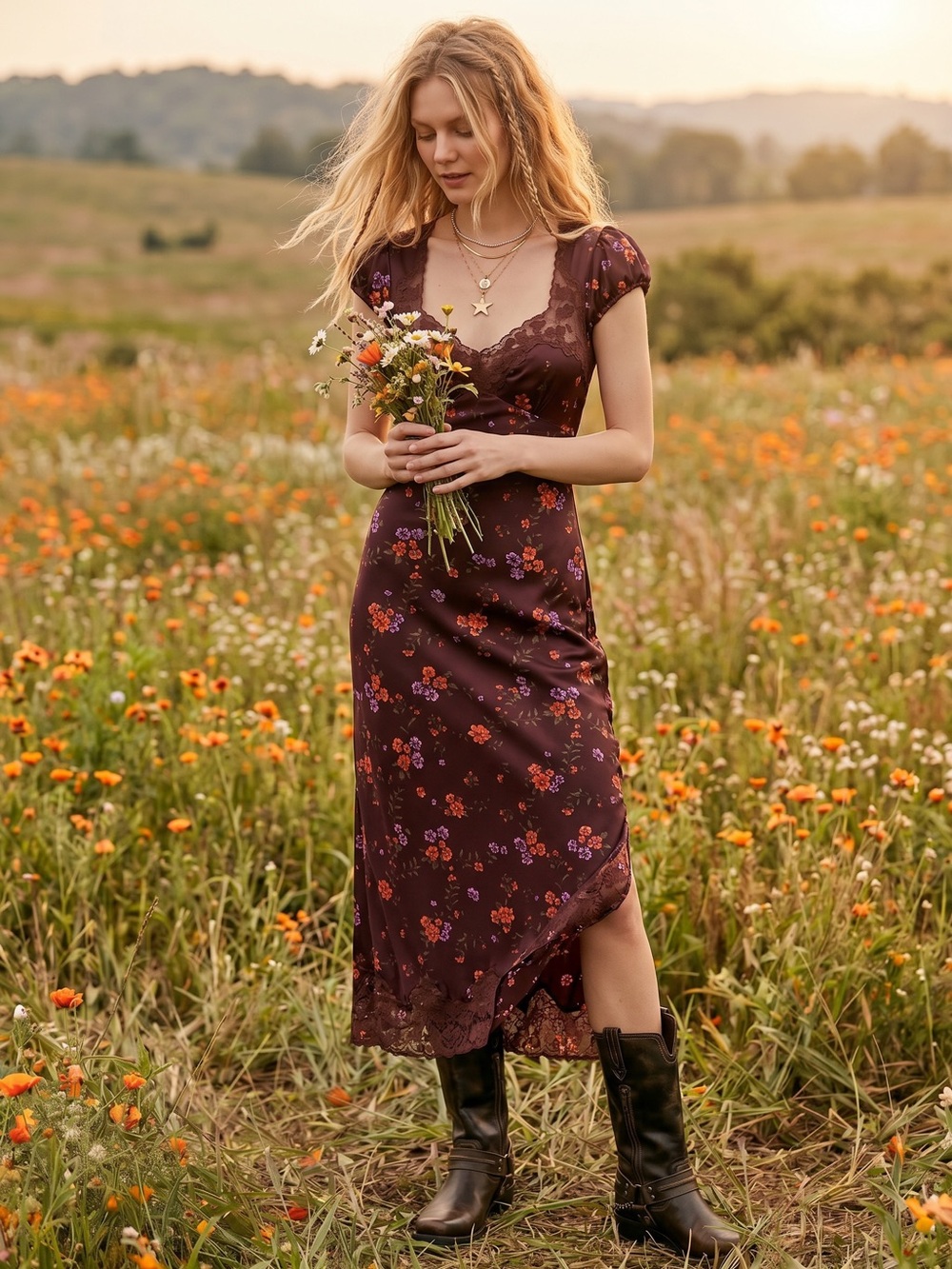 Free People Dainty Lace Retro 90s Butterfly Babe Maxi Dress in Brown Combo Large